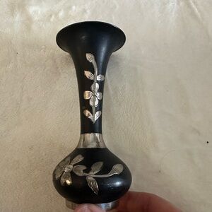 Vintage Brass Black and Silver Etched Flower Vase - made in India